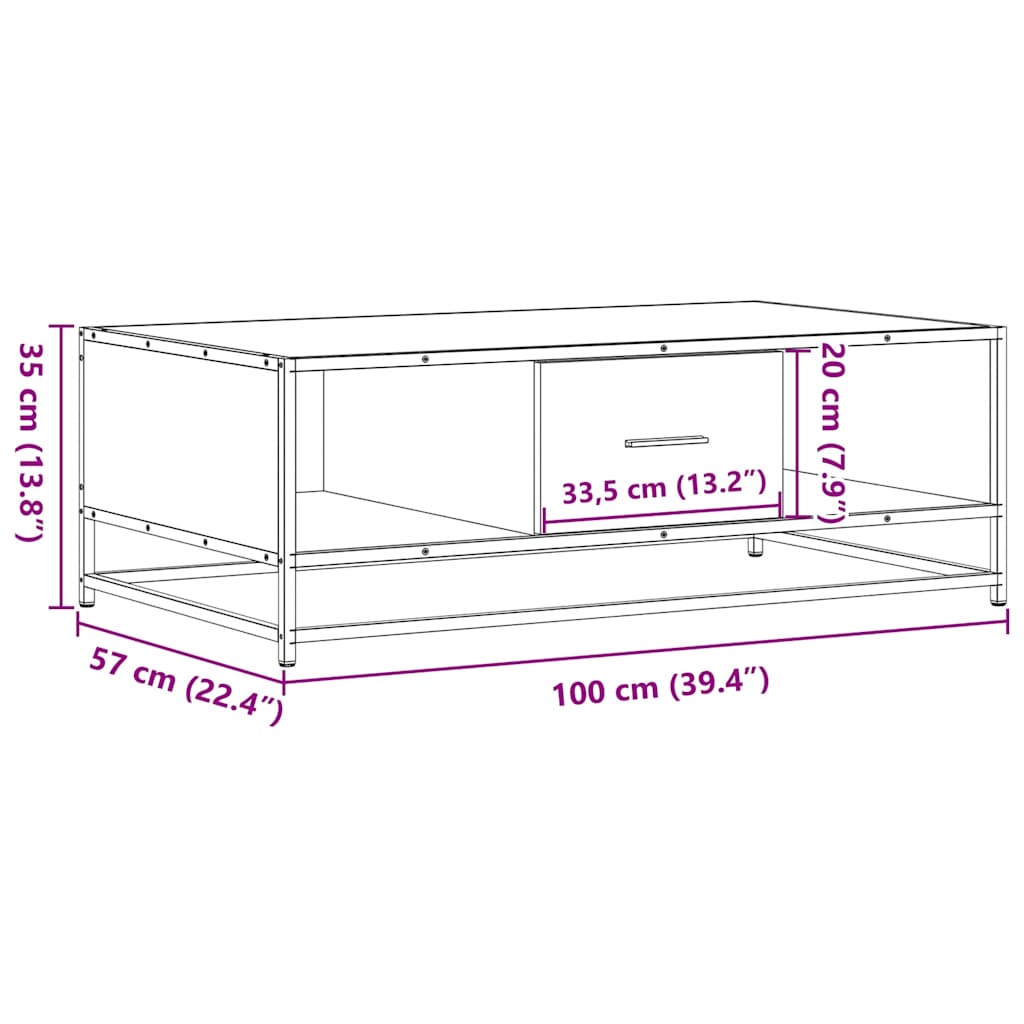 sofabord 100x57x35 cm massivt konstrueret træ og metal sort