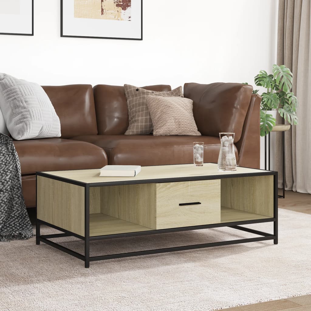 sofabord 90x57x35 cm konstrueret træ og metal sonoma-eg