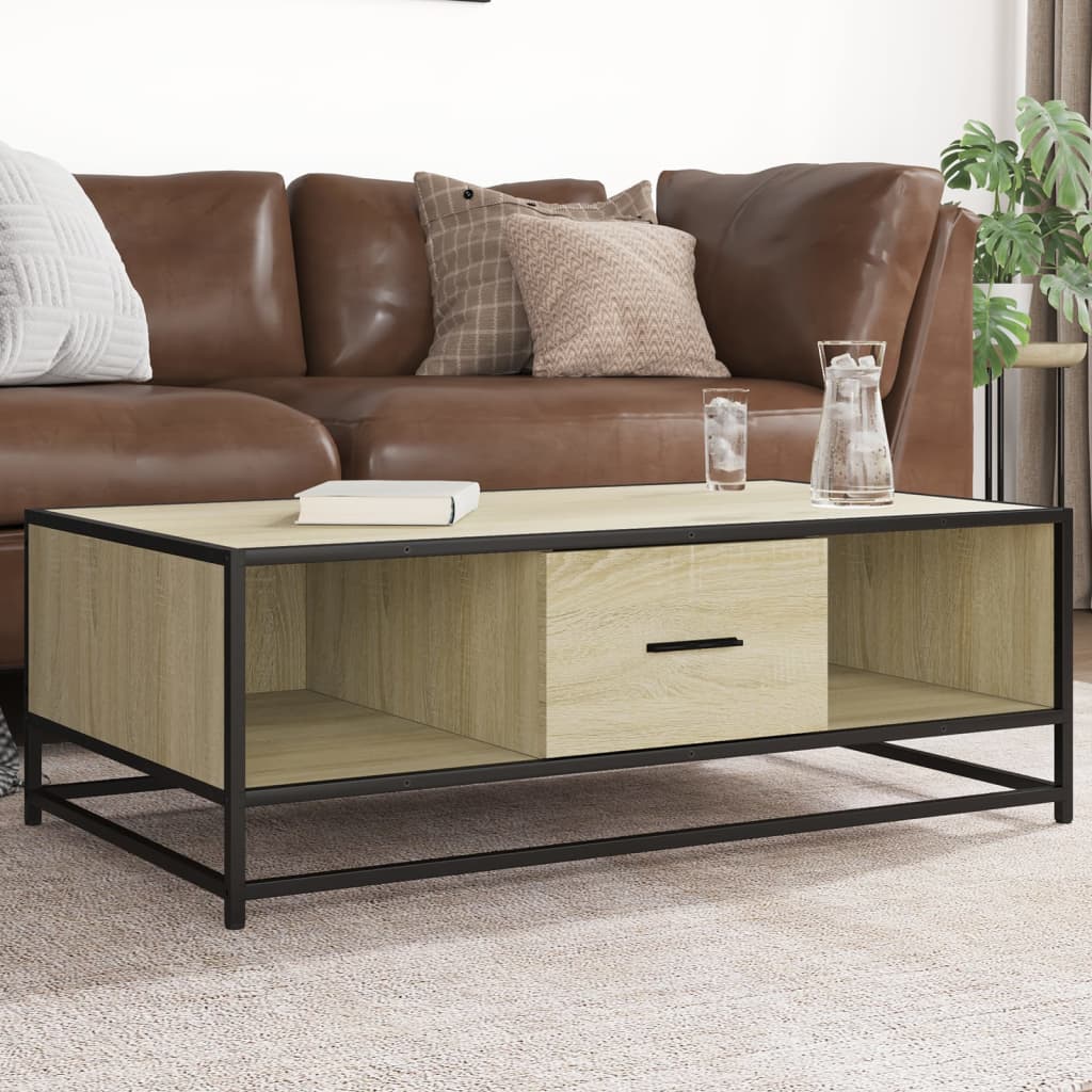 sofabord 90x57x35 cm konstrueret træ og metal sonoma-eg