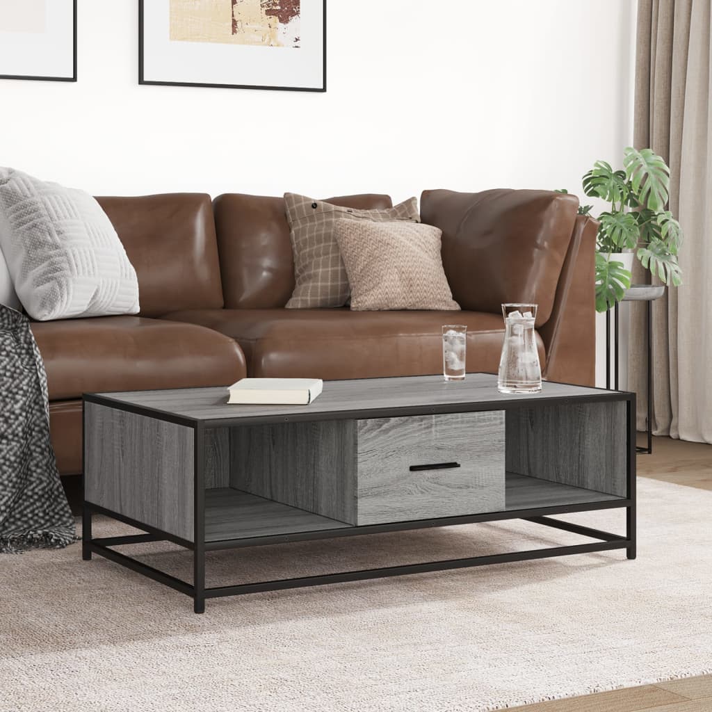 sofabord 100x57x35 cm konstrueret træ og metal grå sonoma-eg