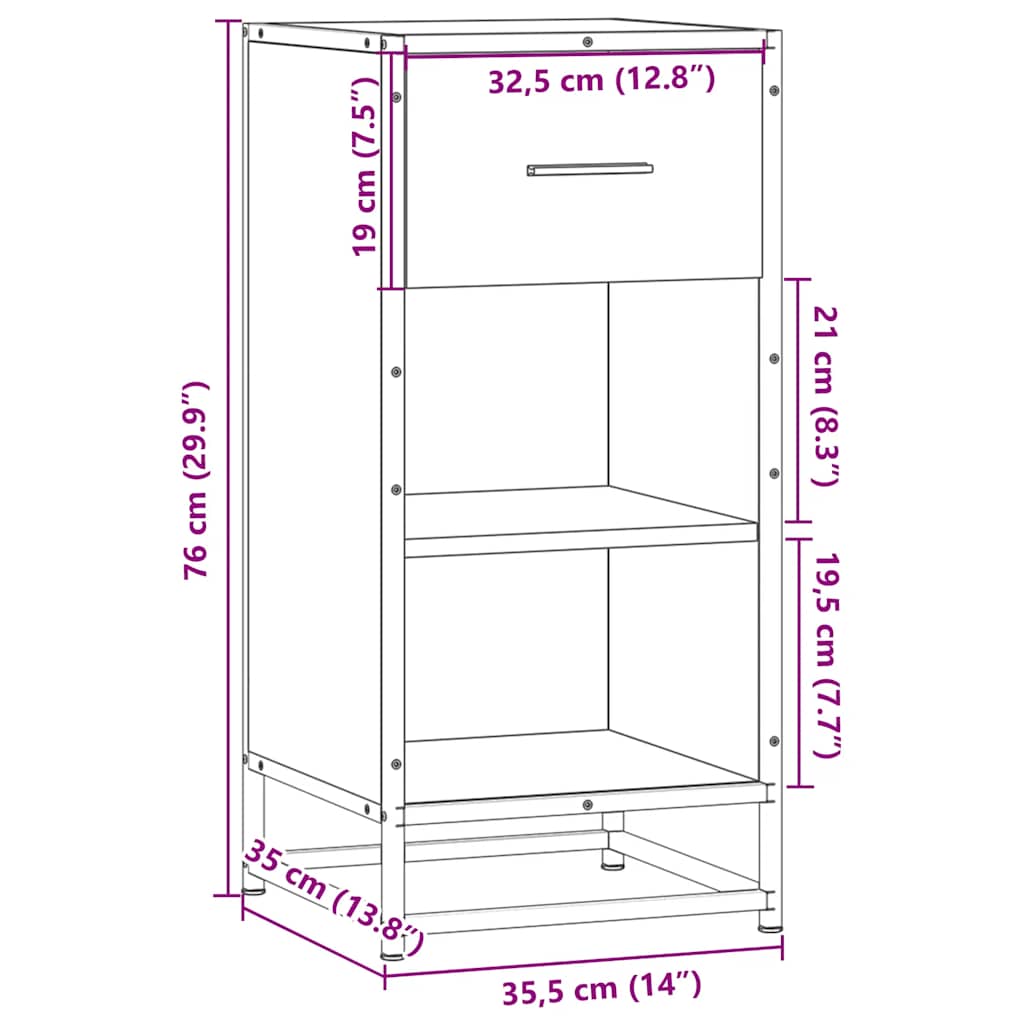 skab 35,5x35x76 cm konstrueret træ og metal sonoma-eg