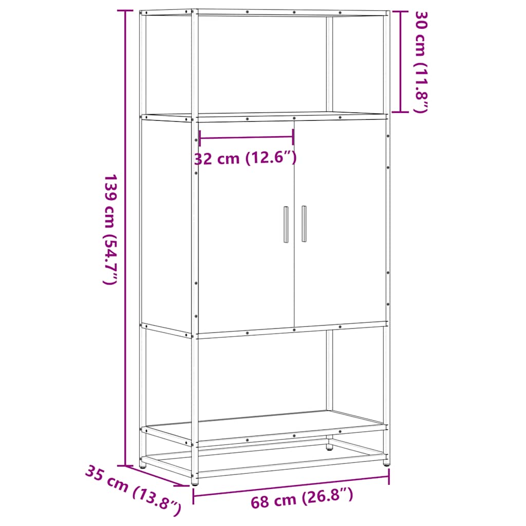 skab sonoma-eg 68x35x139 cm konstrueret træ og metal