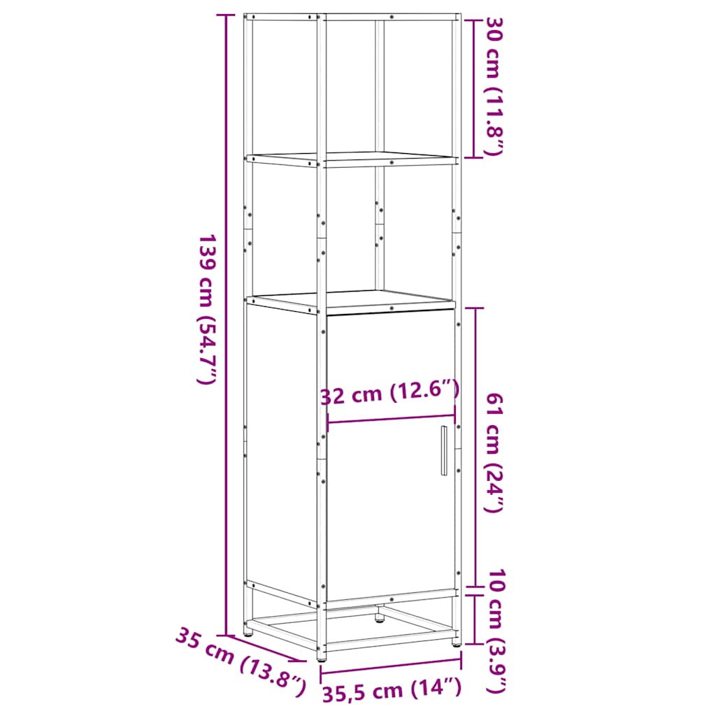 skab sonoma-eg 35,5x35x139 cm konstrueret træ og metal
