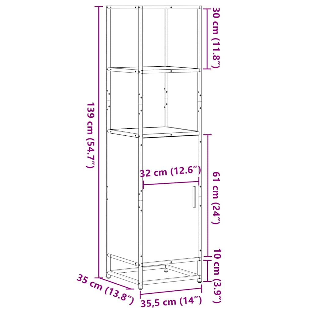 skab brun egetræ 35,5x35x139 cm konstrueret træ og metal