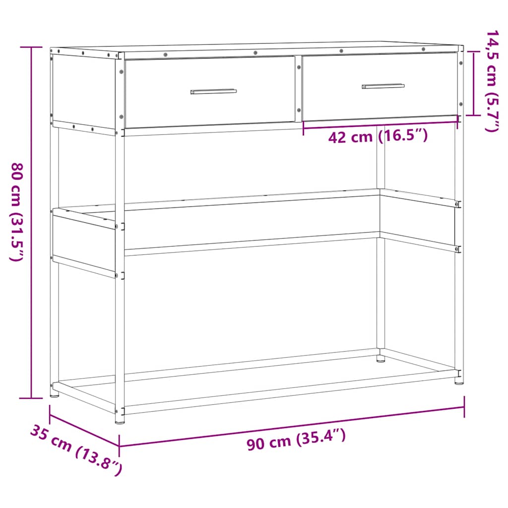 konsolbord 90x35x80 cm konstrueret træ brun egetræsfarve