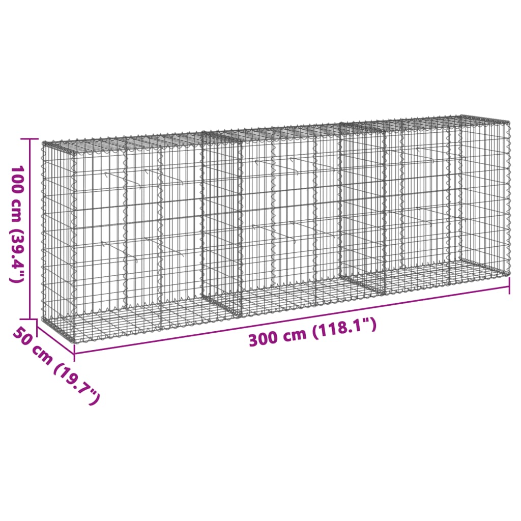 gabionkurv med cover 300x50x100 cm galvaniseret jern