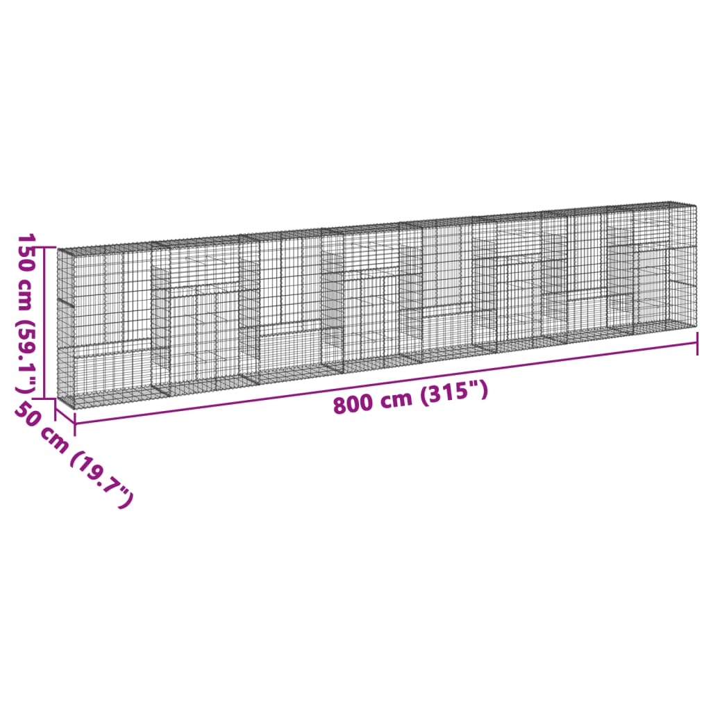 gabionkurv med cover 800x50x150 cm galvaniseret jern
