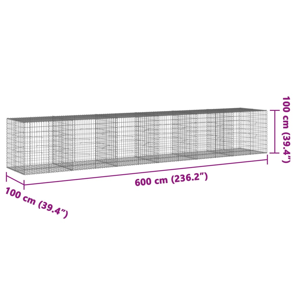 gabionkurv med cover 600x100x100 cm galvaniseret jern