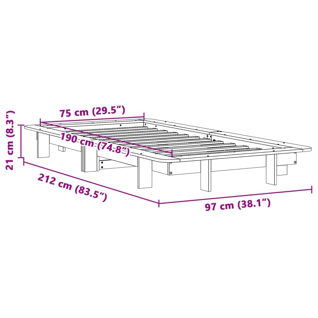 sengeramme uden madras 75x190 cm massivt fyrretræ hvid