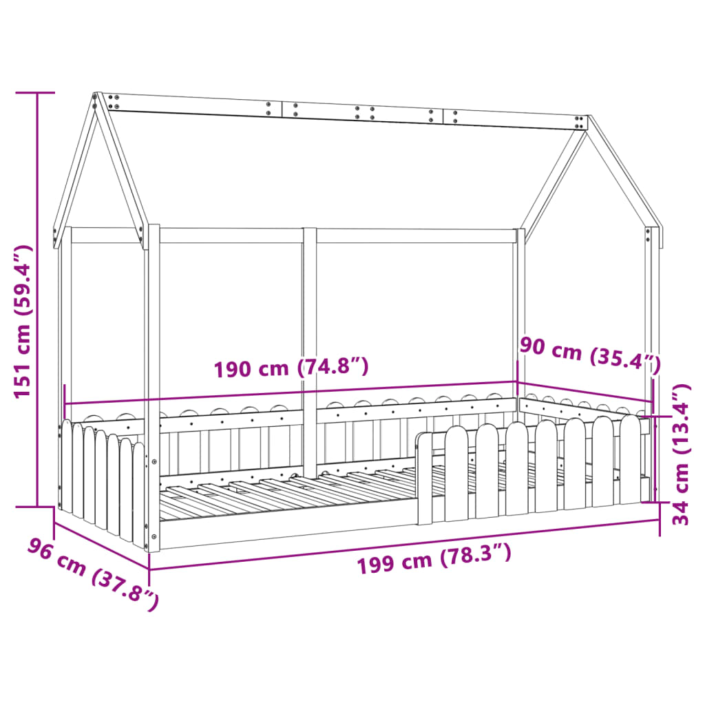 sengeramme til husseng 90x190 cm massivt fyrretræ hvid