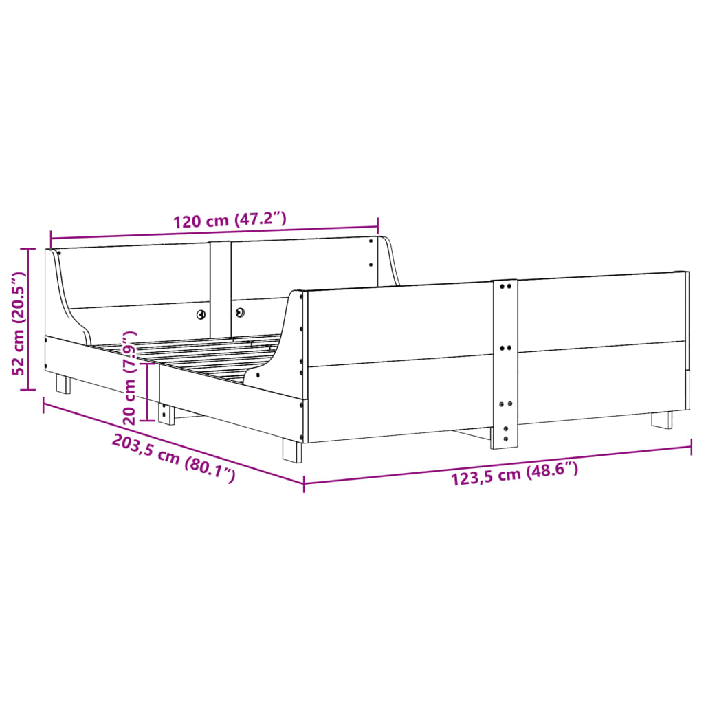sengeramme uden madras 120x200 cm massivt fyrretræ hvid