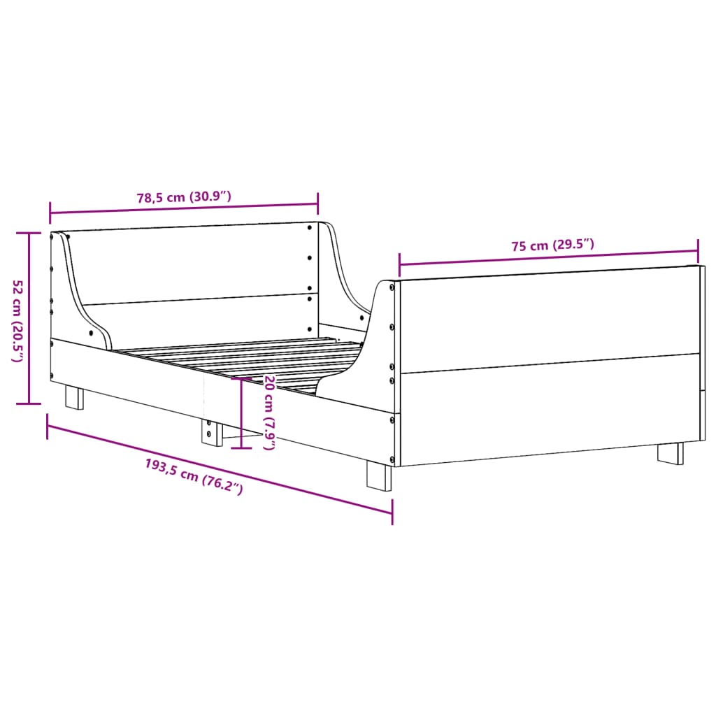 sengeramme uden madras 75x190 cm massivt fyrretræ