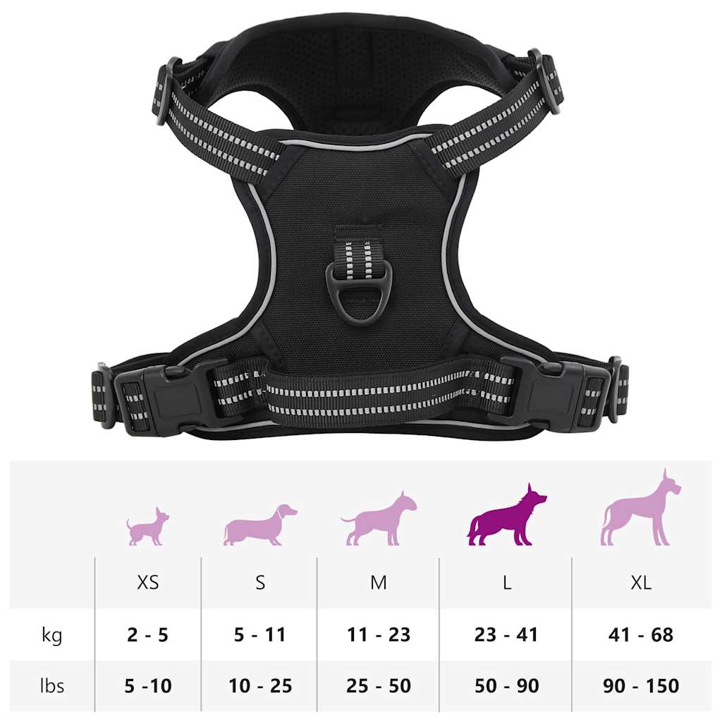 hundesele med refleksstriber str. L justerbar sort