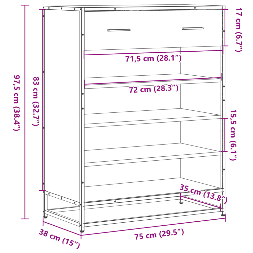 skoskab 75x38x97,5 cm konstrueret træ og metal sonoma-eg