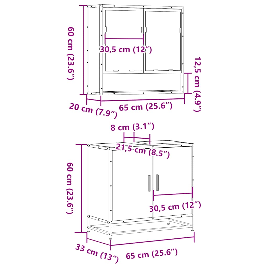 møbelsæt til badeværelse 2 dele konstrueret træ grå sonoma-eg