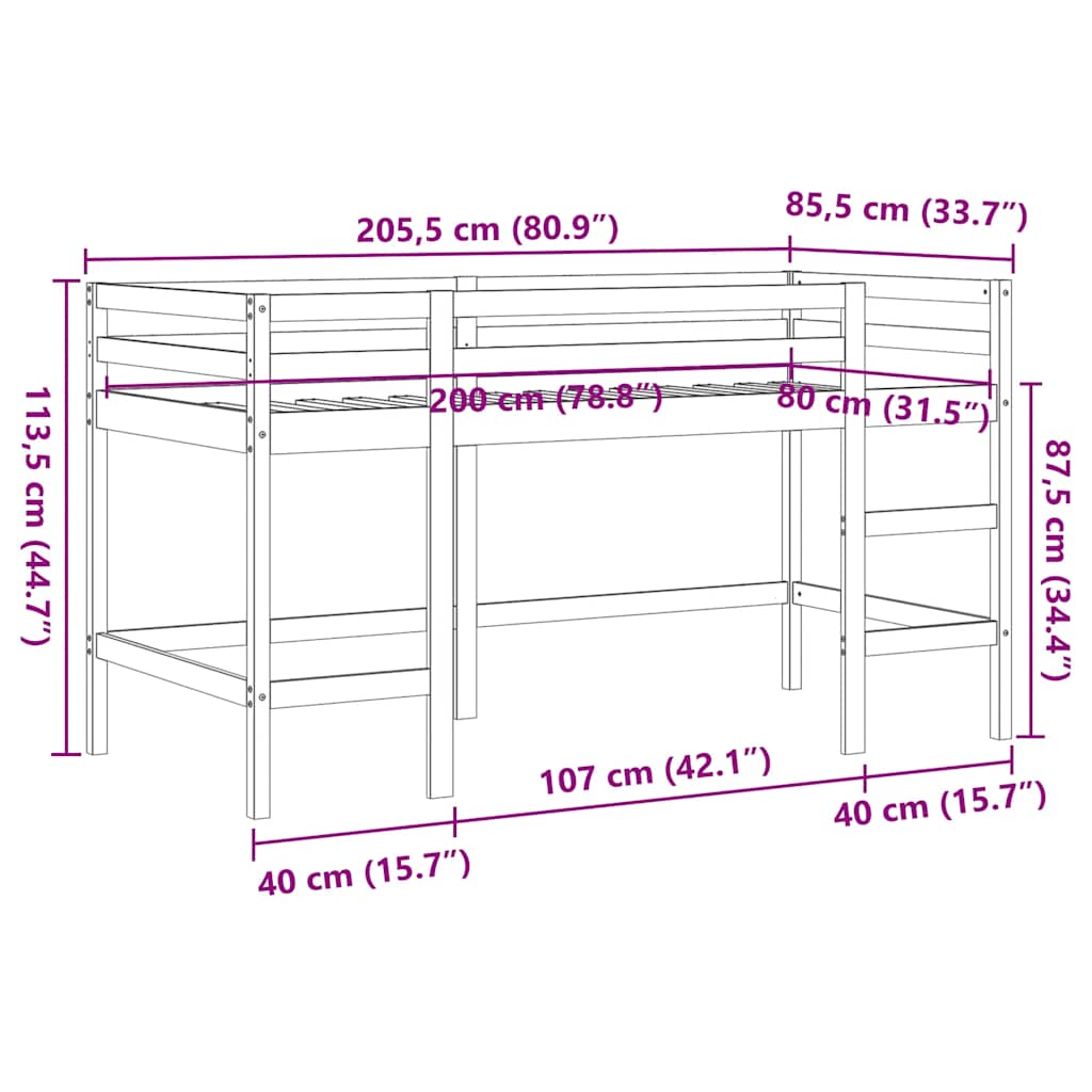 højseng med stige 80x200 cm massivt fyrretræ gyldenbrun