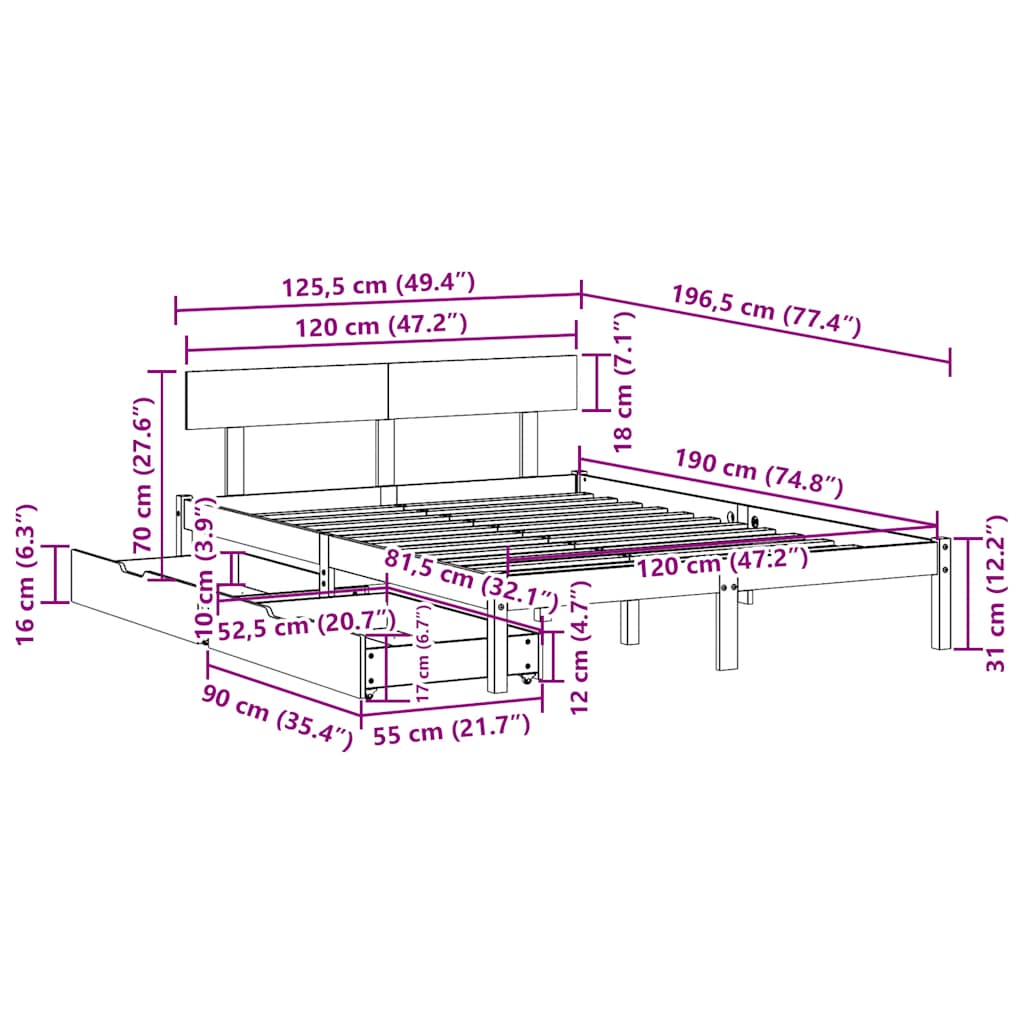 sengeramme uden madras 120x190 cm massivt fyrretræ