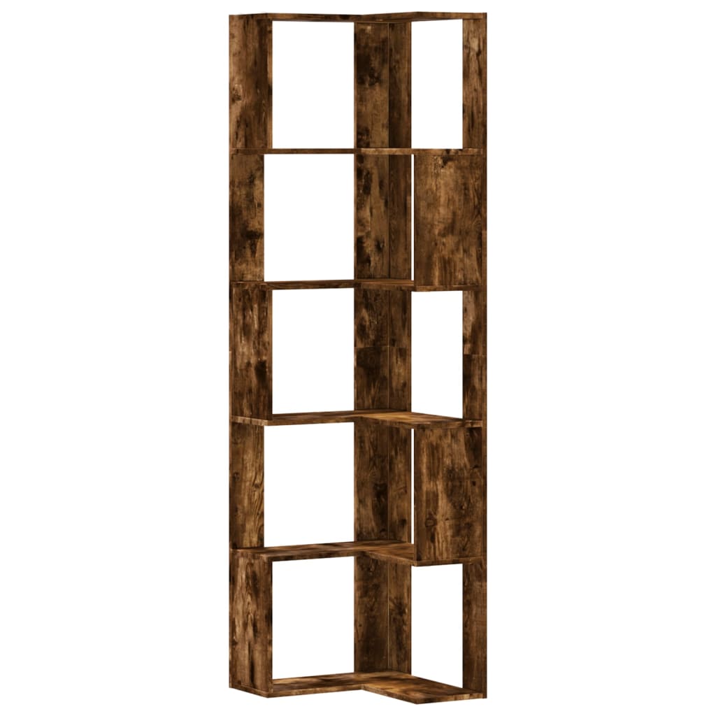 bogreol til hjørne 50x50x179cm 5hylder konstrueret træ røget eg