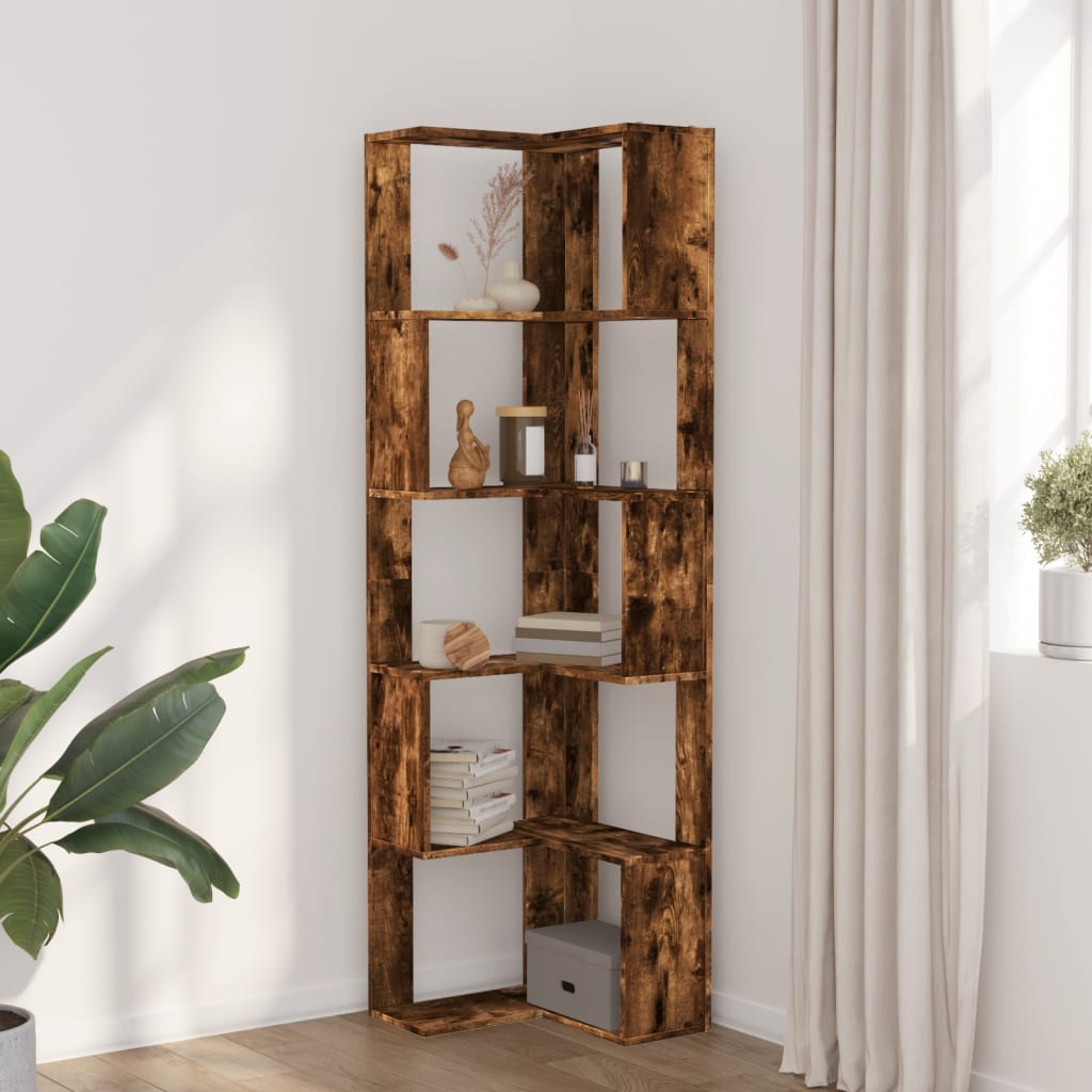 bogreol til hjørne 50x50x179cm 5hylder konstrueret træ røget eg