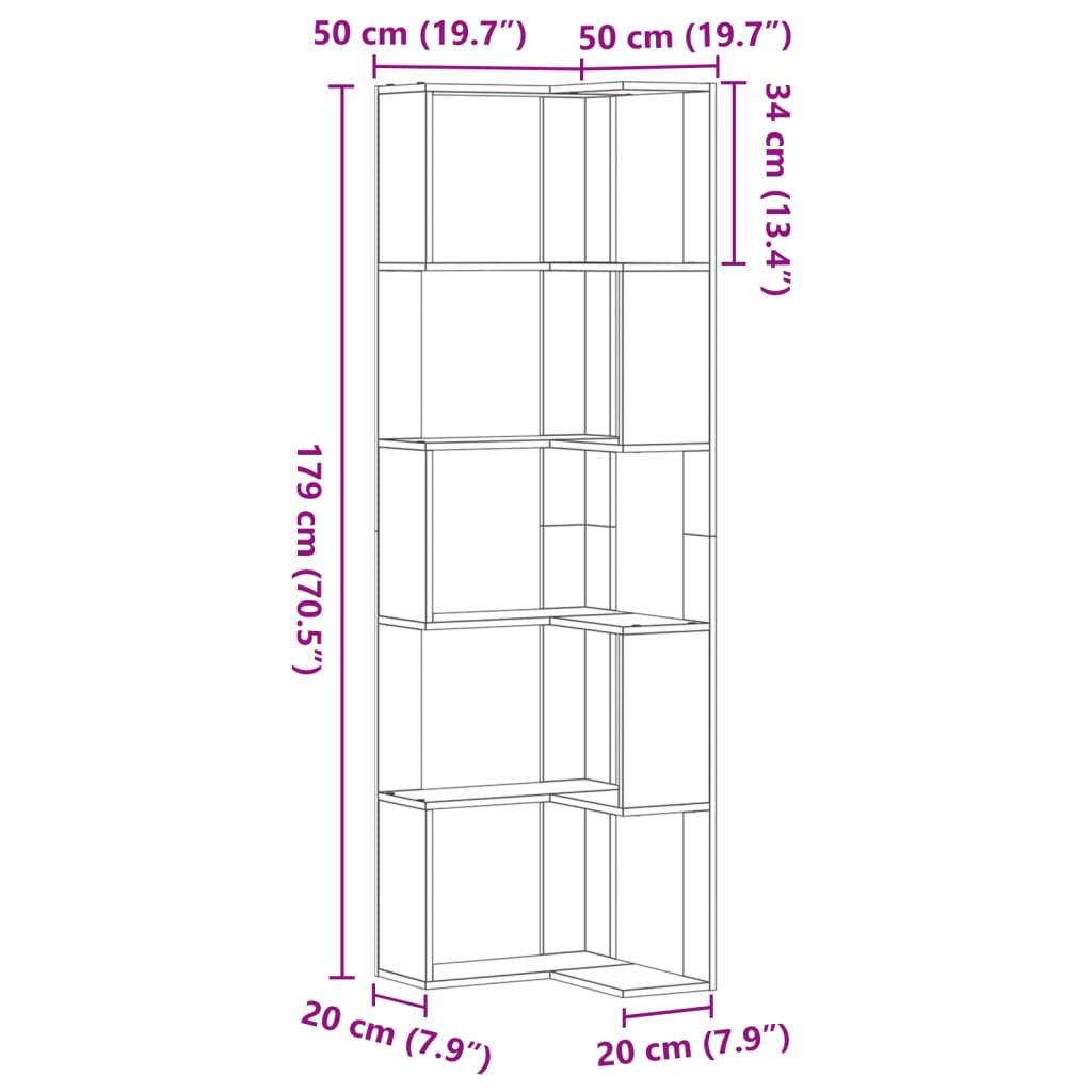 bogreol til hjørne 80x30x154 cm 5 hylder konstrueret træ