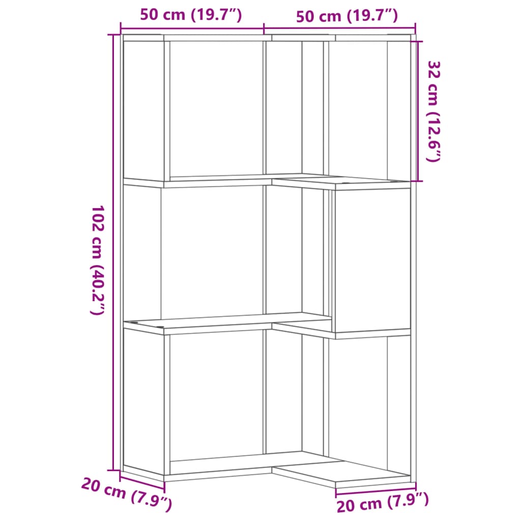 bogreol til hjørne 50x50x102cm 3hylder konstrueret træ betongrå