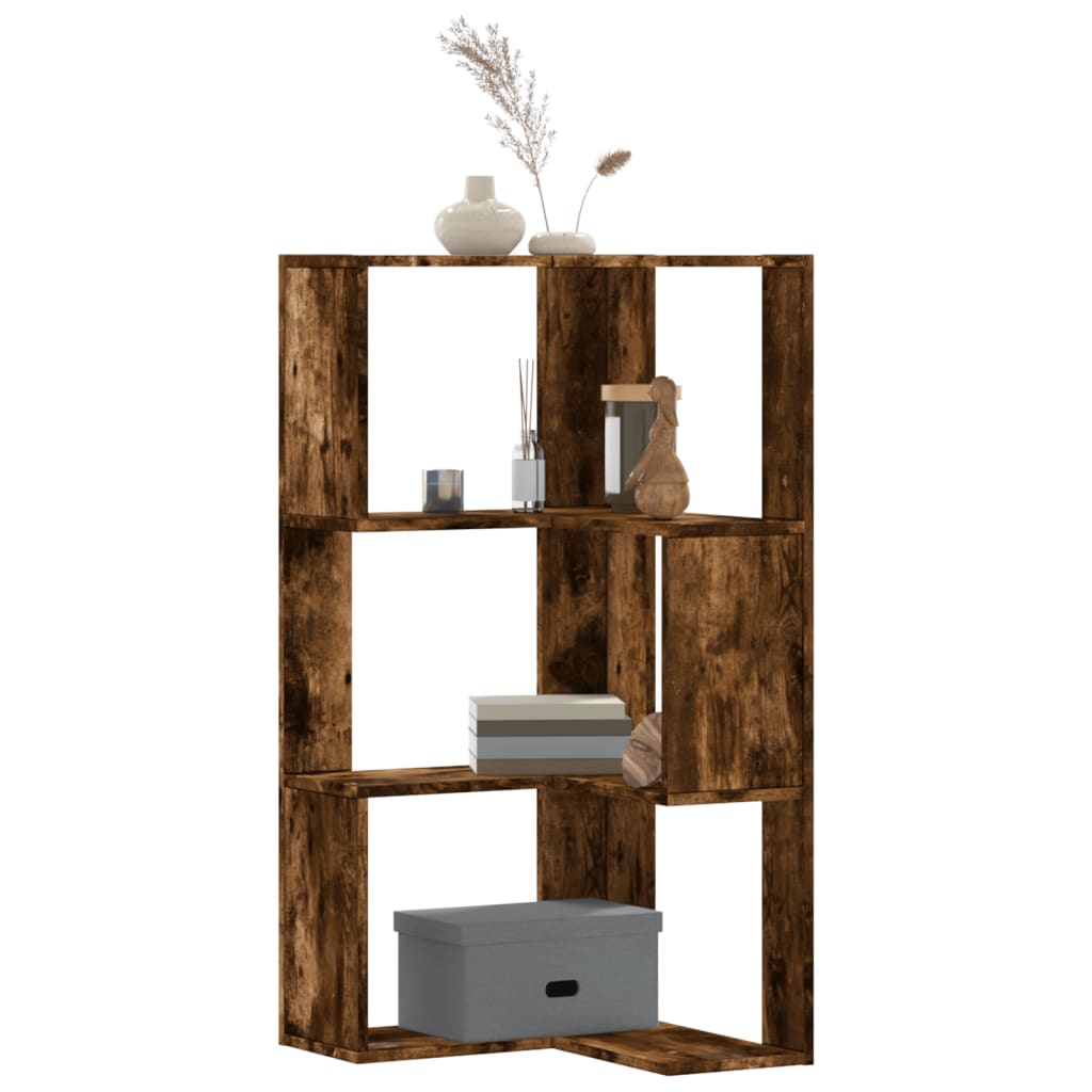 bogreol til hjørne 50x50x102cm 3hylder konstrueret træ røget eg