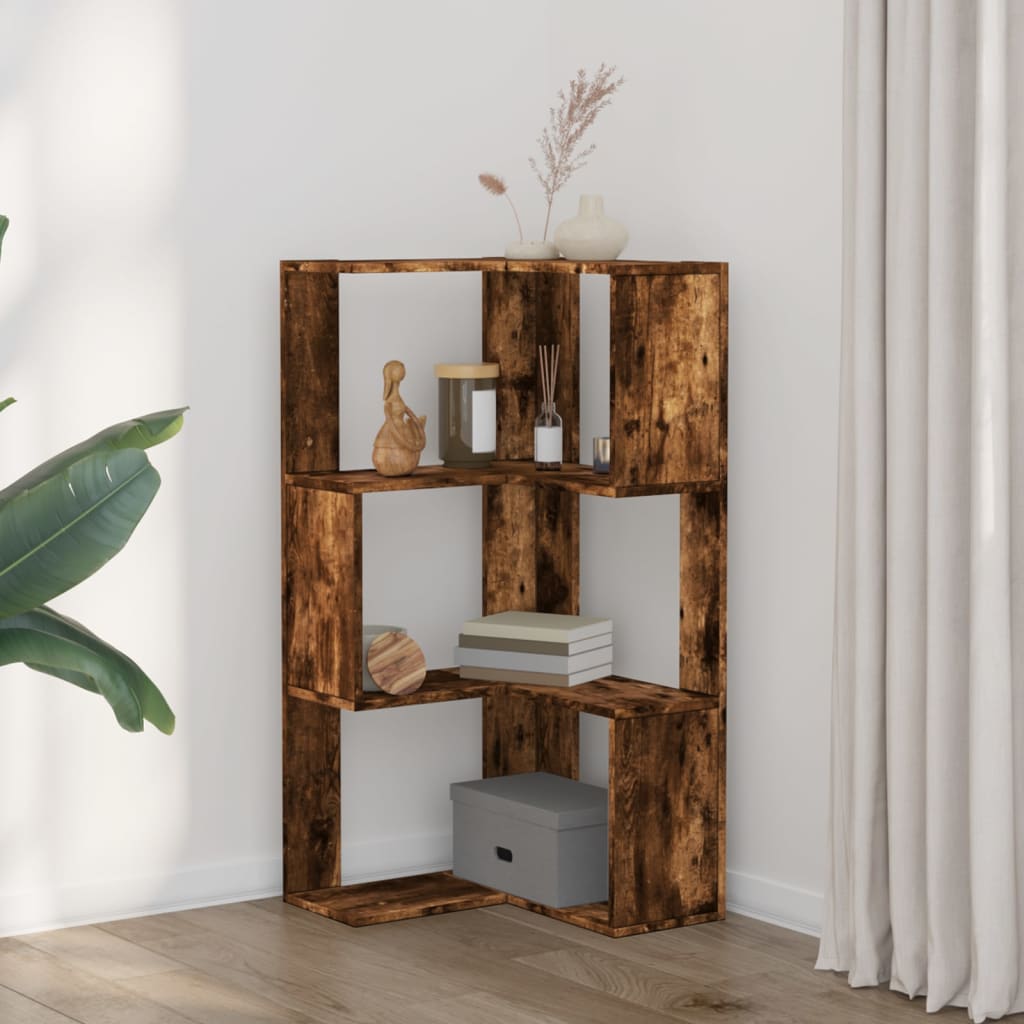 bogreol til hjørne 50x50x102cm 3hylder konstrueret træ røget eg