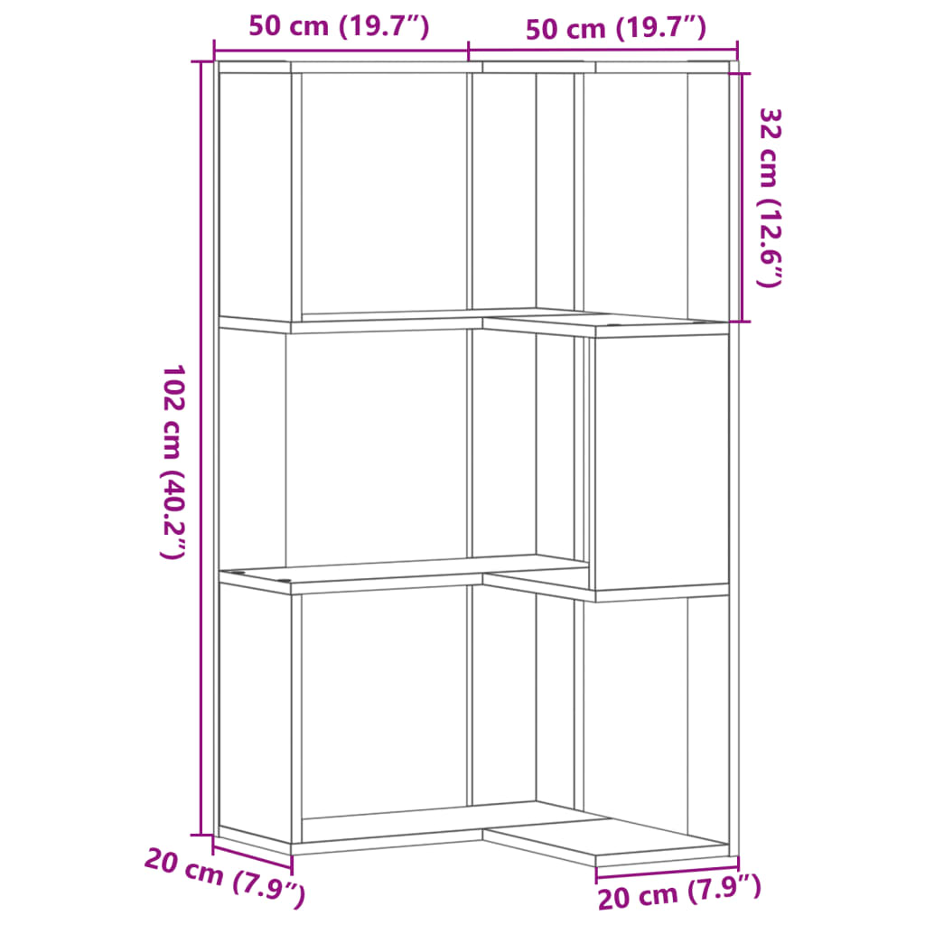 bogreol til hjørne 50x50x102 cm 3 hylder konstrueret træ
