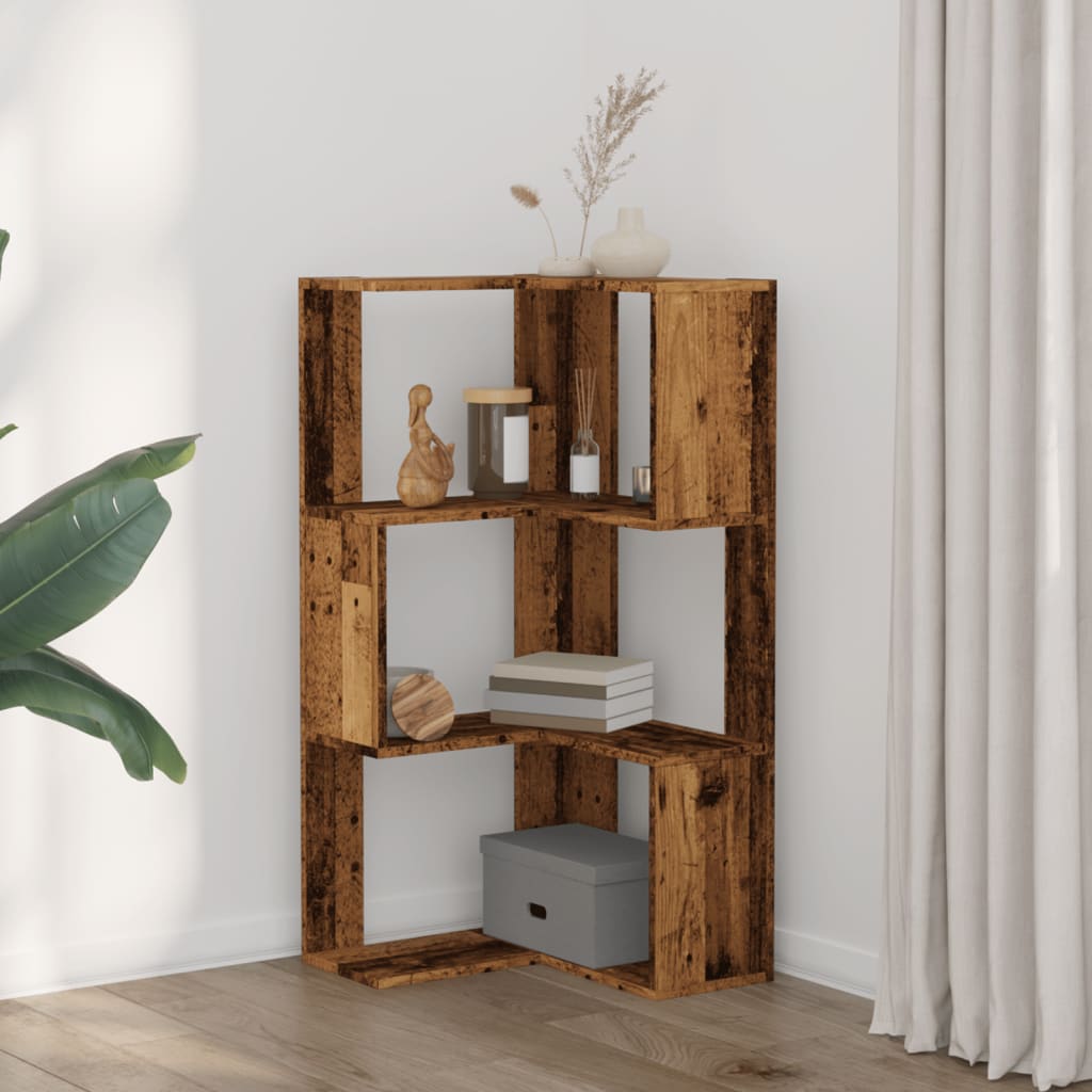 bogreol til hjørne 50x50x102 cm 3 hylder konstrueret træ