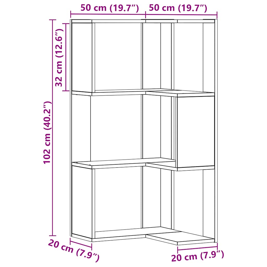bogreol til hjørne 50x50x102 cm 3 hylder konstrueret træ egetræ