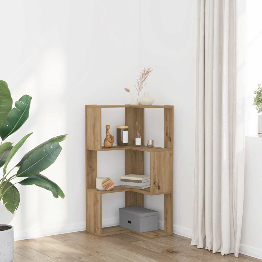 bogreol til hjørne 50x50x102 cm 3 hylder konstrueret træ egetræ