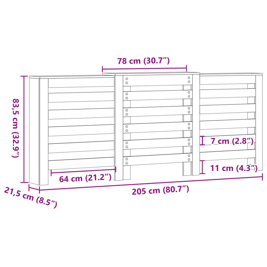 radiatorskjuler 205x21,5x83,5 cm konstrueret træ røget egetræ