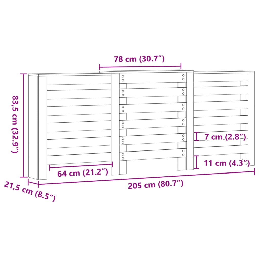 radiatorskjuler 205x21,5x83,5 cm konstrueret træ antikt træ