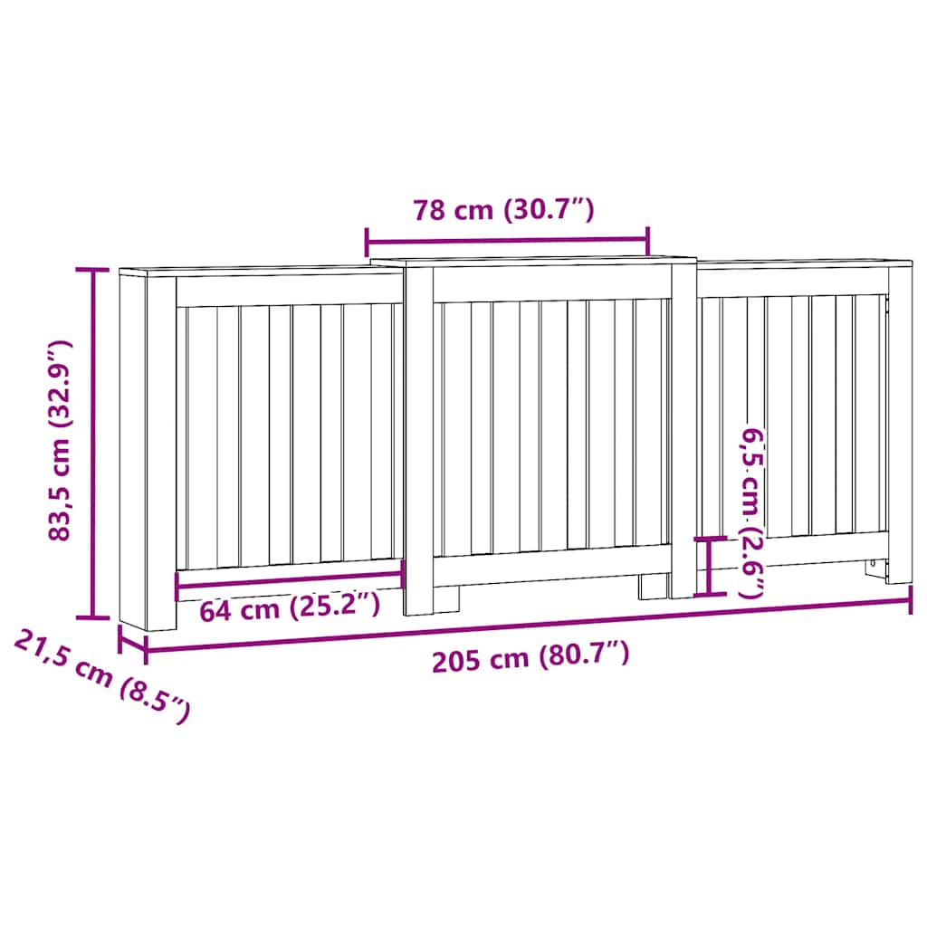 radiatorskjuler 205x21,5x83,5 cm konstrueret træ sonoma-eg