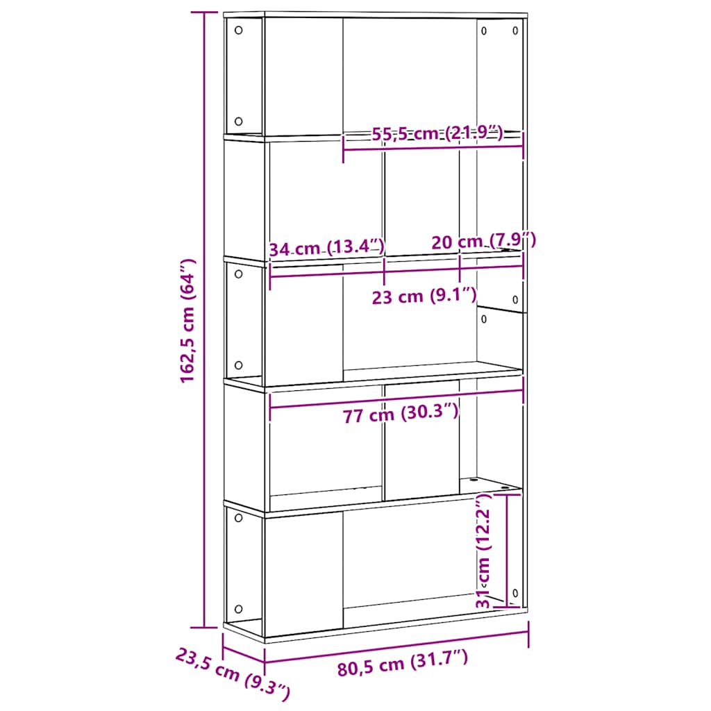 bogreol 80,5x23,5x162,5 cm 5 hylder konstrueret træ eg
