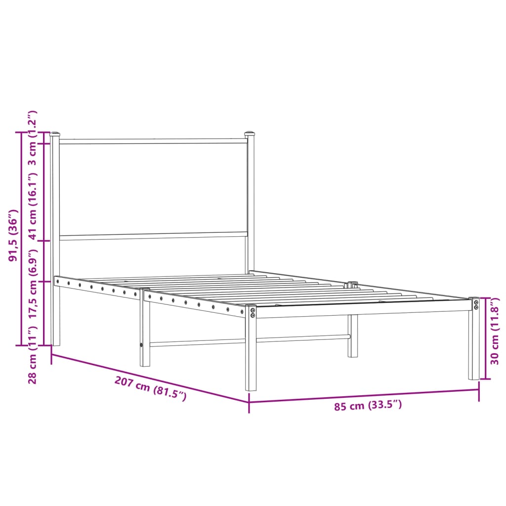 sengeramme uden madras 80x200 cm metal røget egetræsfarve
