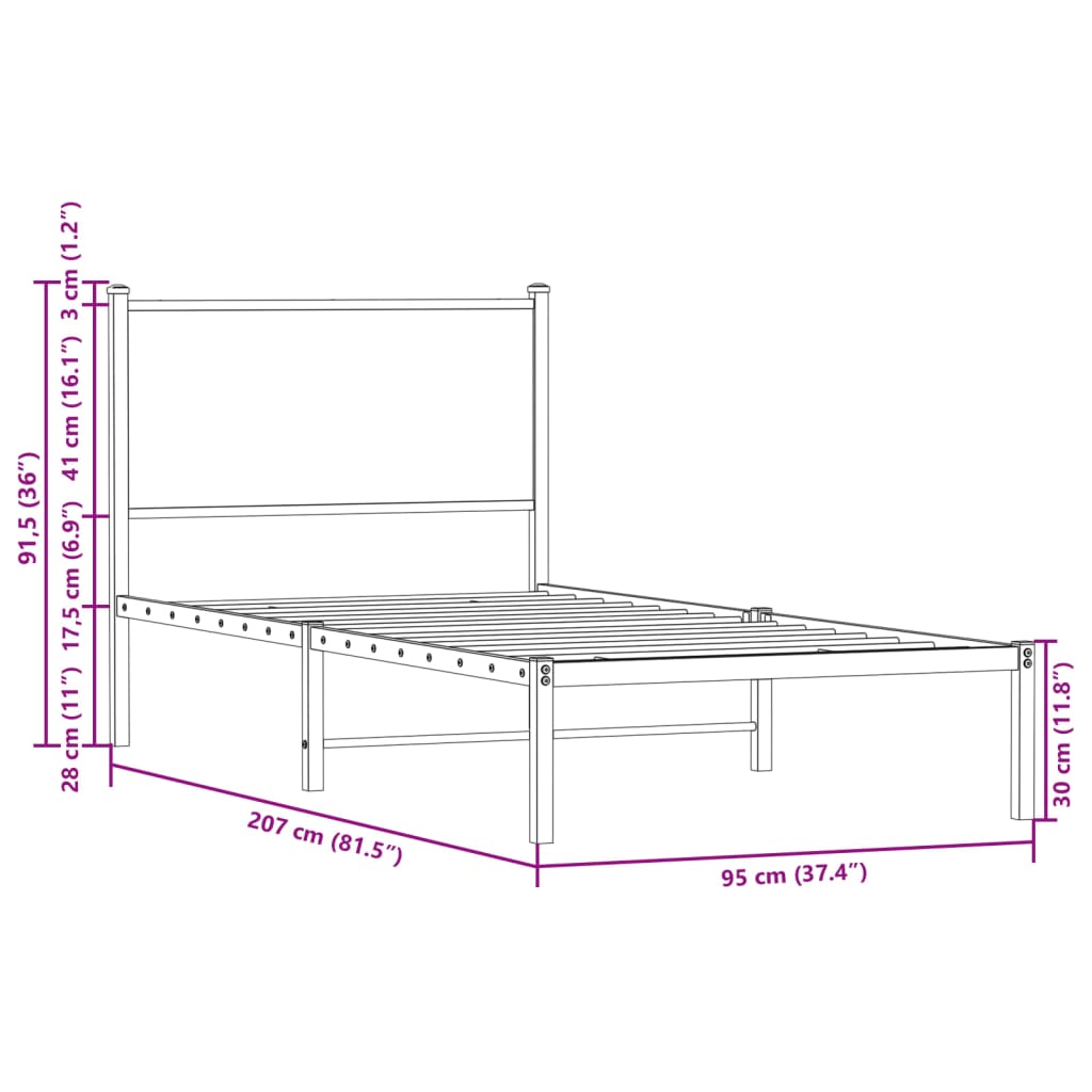 sengeramme uden madras 90x200 cm metal røget egetræsfarve