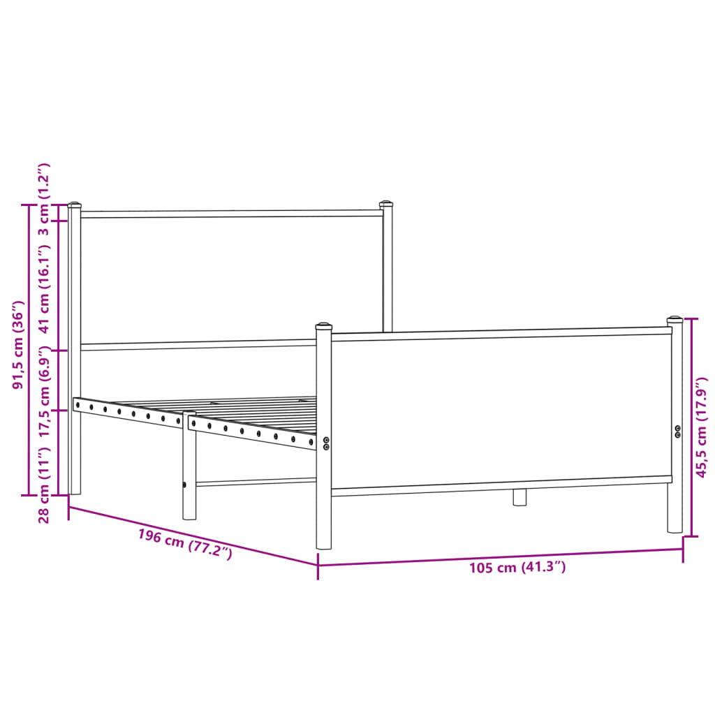 sengeramme uden madras 100x190 cm metal røget egetræsfarve