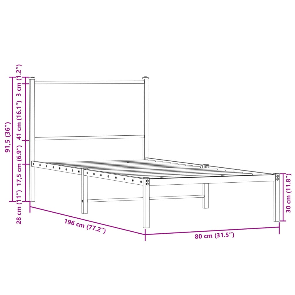 sengeramme 75x190 cm uden madras metal brun egetræsfarve