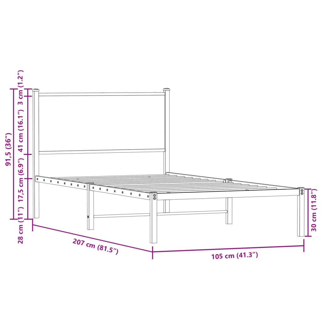 sengeramme 100x200 cm uden madras metal brun egetræsfarve