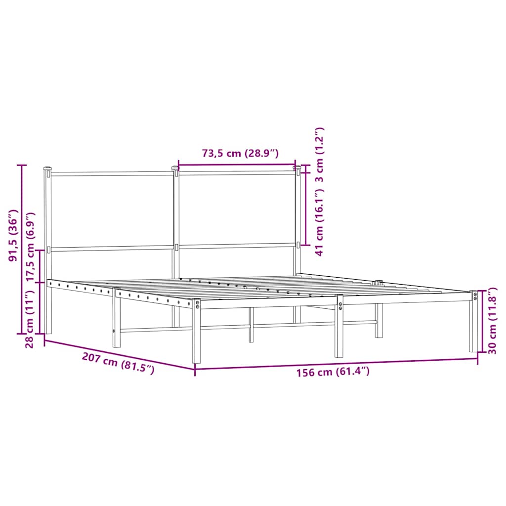 sengeramme uden madras 150x200 cm metal brun egetræsfarve