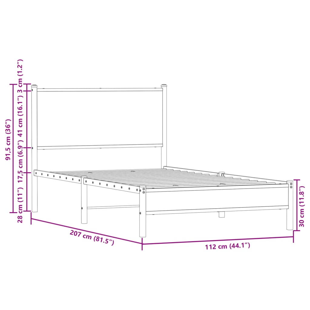 sengeramme 107x203 cm uden madras metal brun egetræsfarve