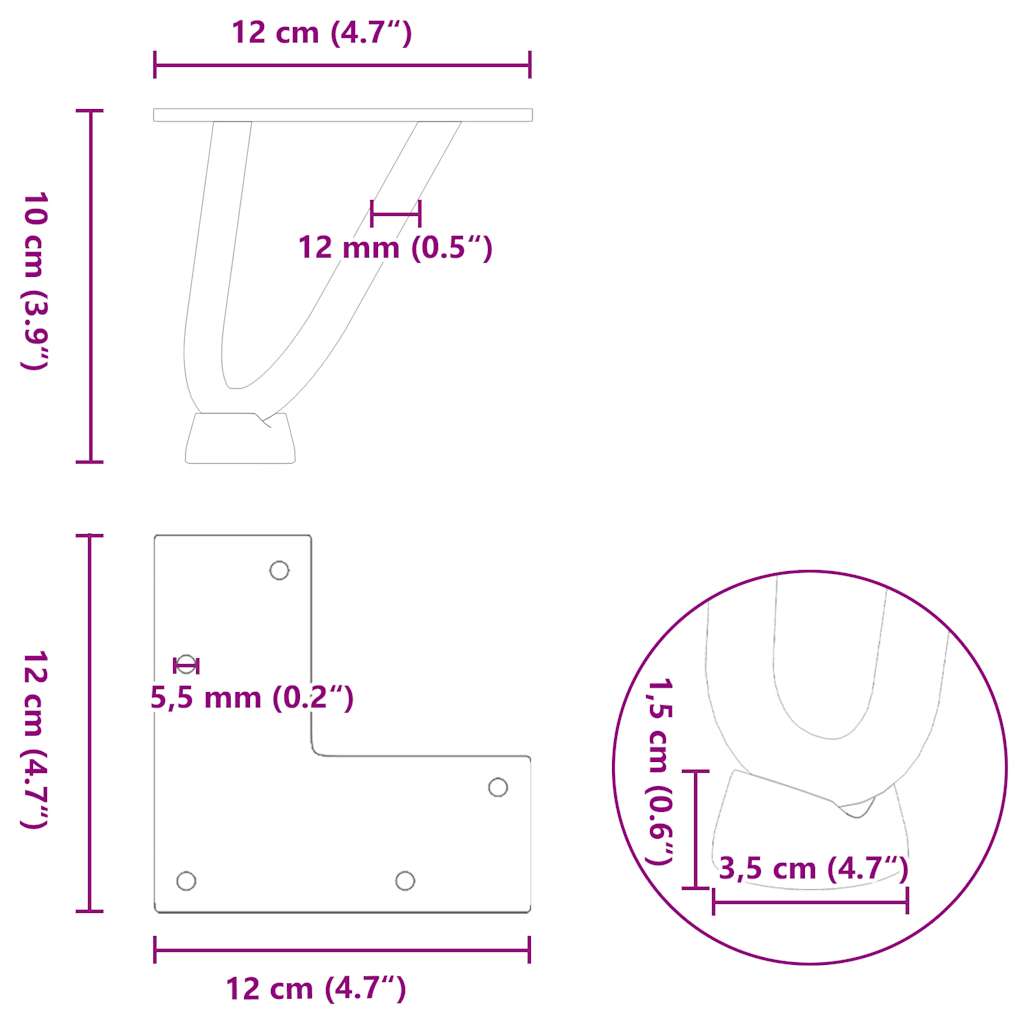 hårnåleben til sofabord 4 stk. antracit 10 cm massivt stål