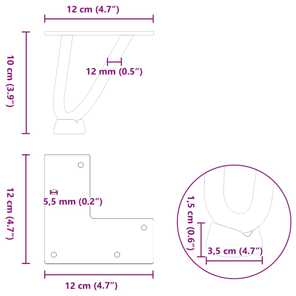 hårnåleben til sofabord 4 stk. naturstål 10 cm massivt stål
