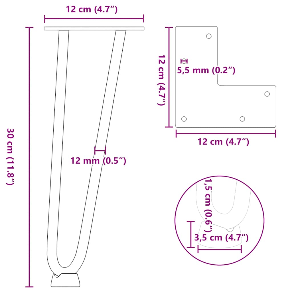 hårnåleben til sofabord 4 stk. sort 30 cm massivt stål