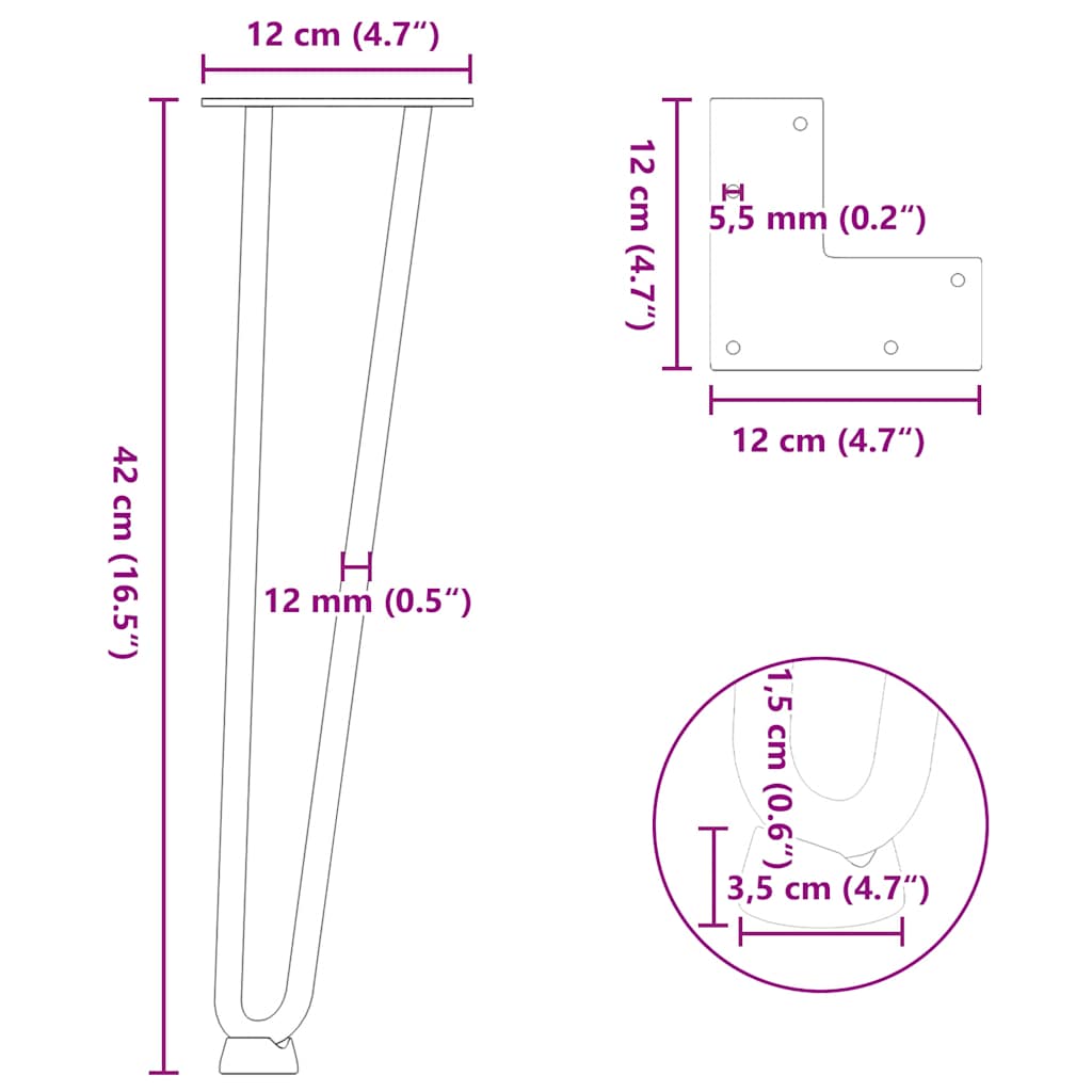 hårnåleben til sofabord 4 stk. sort 42 cm massivt stål