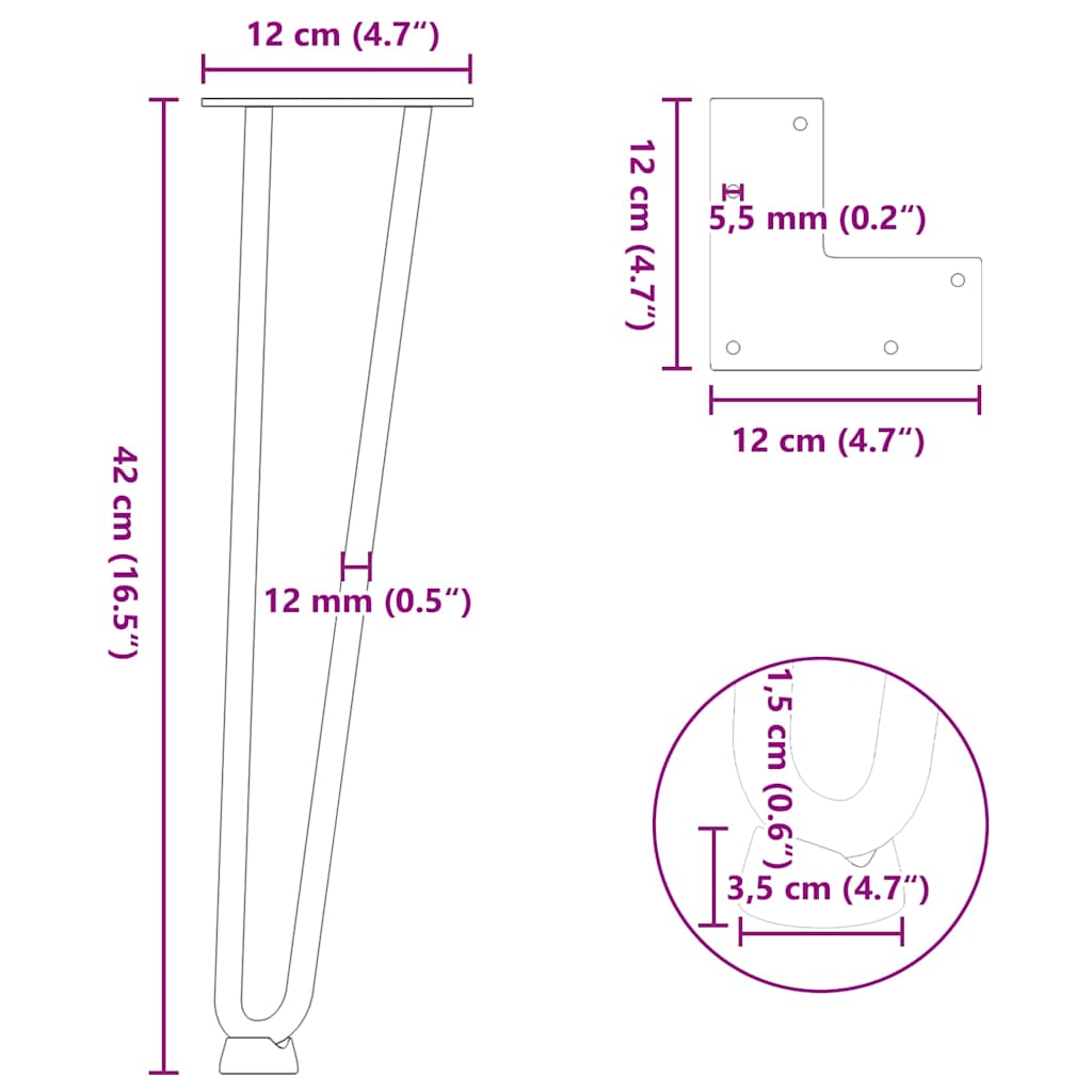 hårnåleben til sofabord 4 stk. antracit 42 cm massivt stål