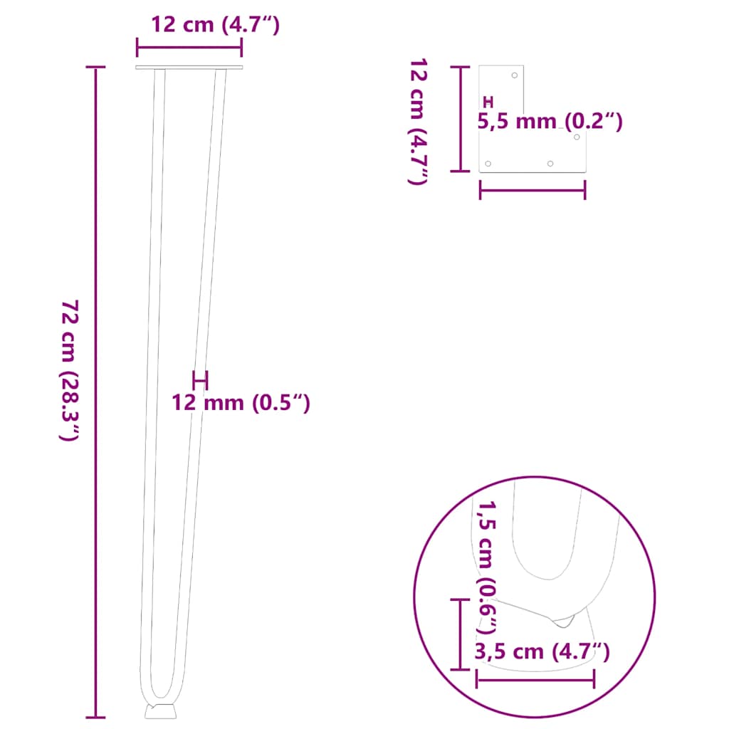 hårnåleben til konsolborde 4 stk. hvid 72 cm massivt stål