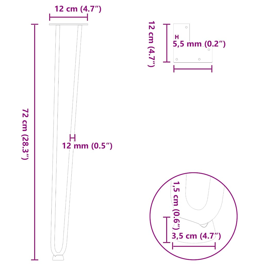 hårnåleben til konsolborde 4 stk. antracit 72 cm massivt stål