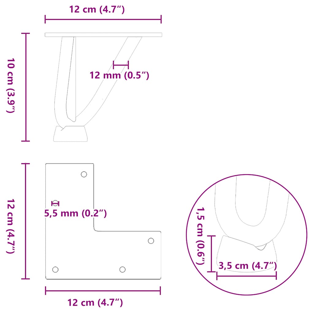 hårnåleben til sofabord 4 stk. naturstål 10 cm massivt stål